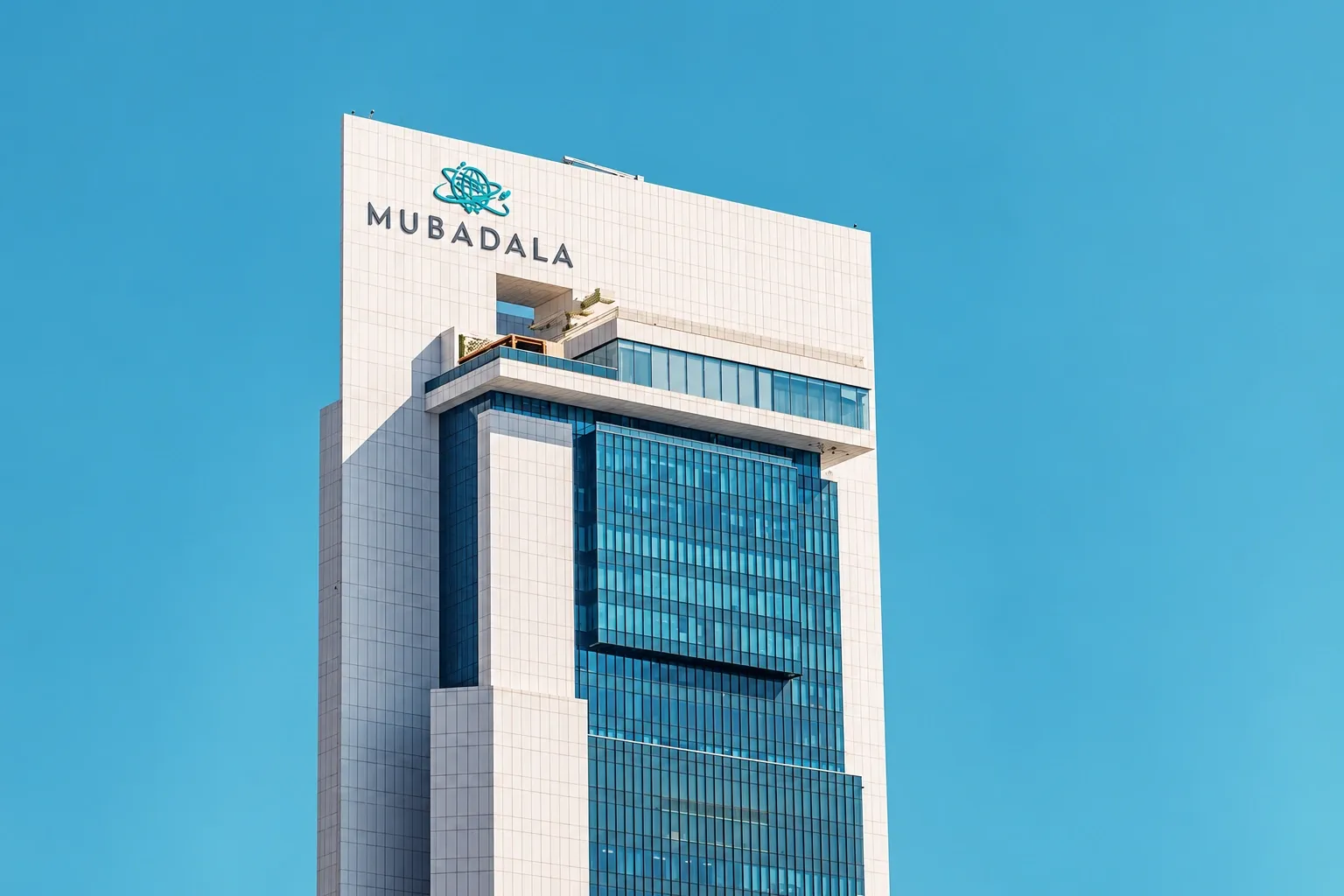 Mubadala Capital logo on a beige background with arch shapes